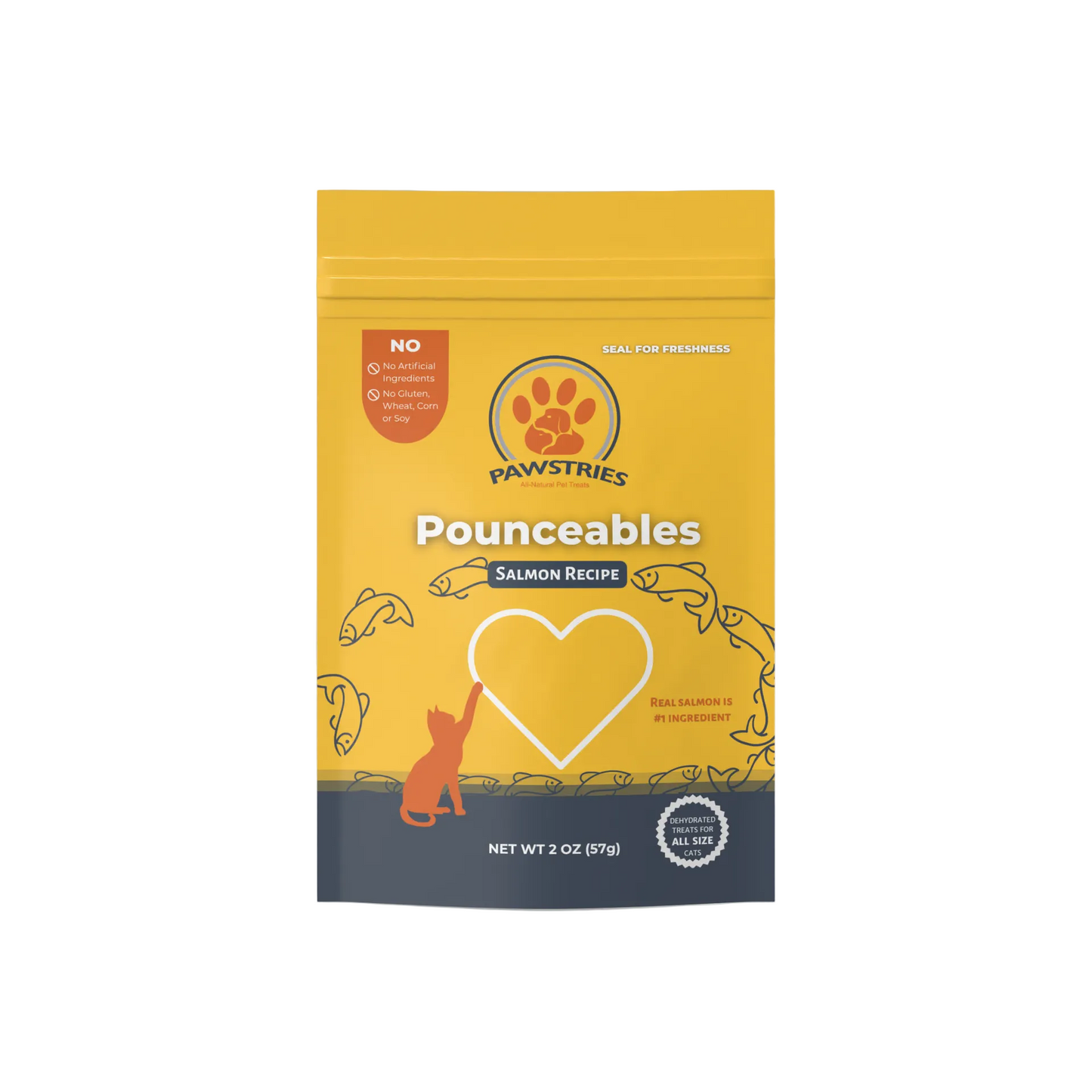 Yellow package of Pawstries Pounceables Salmon Recipe on a white background